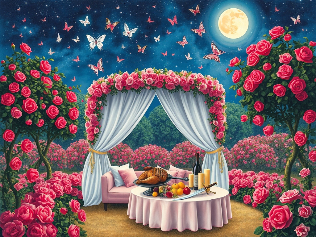 در شب درخشان پر ستاره پر از پروانه درخشان باغ گل رز صورتی در احاطه درختان پر شکوفه
 زیر تونل درست شده از گل های سرخ
 یک خیمه توری گل بهی سفید و صورتی با تخت گرد صورتی با کوسن های سفید پر از گل های رز صورتی و میز کوچک سفید با نان کباب گوشت مرغ میوه شمع گل و خنجر شمشیر روی میز 



15