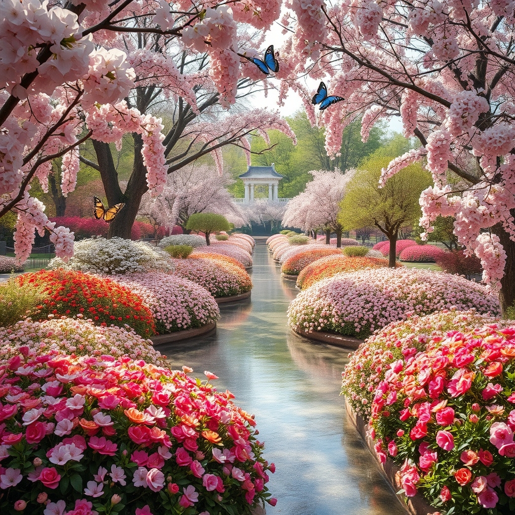 یک باغ بزرگ درختان ، که شکوفه های بهاری زدند و گلبرگ هایشان روی زمین میریزند و یک چشمه آب زلال از وسط باغ در آمده وپروانه های زیبایی دور گل های رنگارنگ و زیبا میگردند. 6