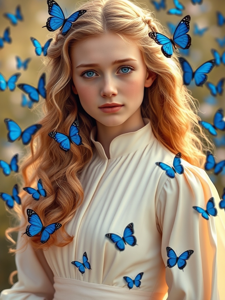 دختز جوان ۱۸ ساله بسیاار زیبا که از شدت زیبایی همه براوسجده کنند با مو های طلایی حالت دار بسیااار بلند ، پوست سفید ، گونه های صورتی و چشم های ابی کریستالی که از هفت رود خانه مقدس درون چشمانش ، که یه لباس سلطنتی بسیاار زیبا کرمی رویایی  اشرافی پوشیده و اطرافش پر از پروانه های آبی زیبا و درخشان 
ببینیم رویایی چیکار می‌کنه 
4