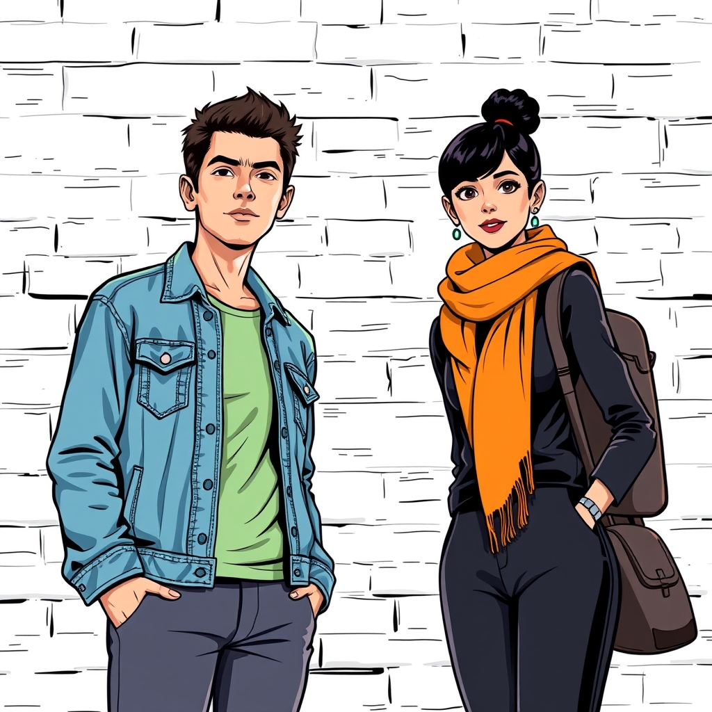 The image shows two individuals standing in front of a white wall. The person on the left is wearing a denim jacket over a light green top, while the person on the right is wearing a black outfit with an orange scarf.3