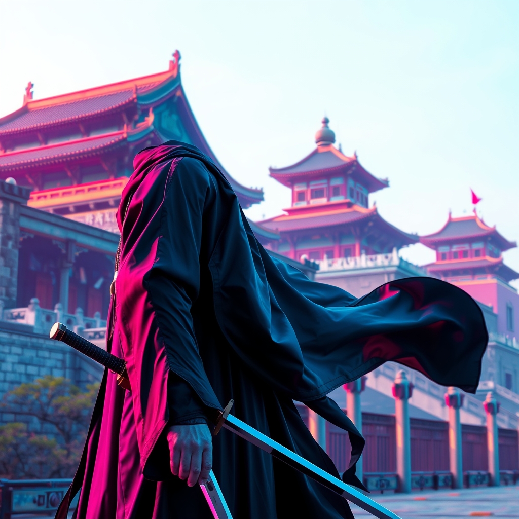 یه پسر کره ای جذاب که یه لباس چینی باستانی پوشیده و کنار قصر امپراطور وایستاده لباس سیاه که یه شمشیر دستشه و شنلش روی هوا اش21
