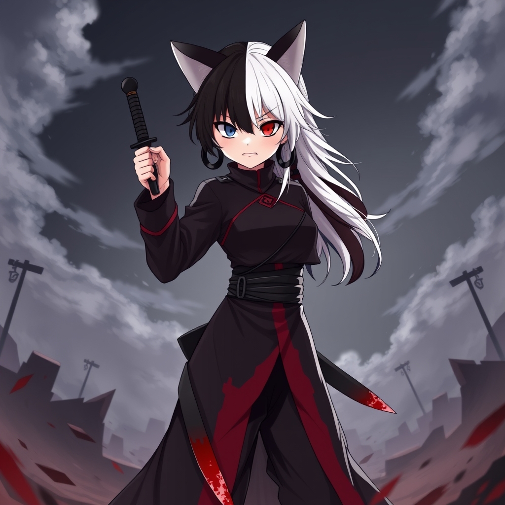عکی یک دختر که گوش هاس گربه ای داره و حلقه ی سیاهی در گوشاش است و موهای نصف مشکی نصف سفید باشه و یک چشمش قرمز اونیکی ابی و لباس جنگجو به رنگ مشکی و قرمزخونی که دخترک در جنگ بلشه یک خنجر خونی دستش است و بسیار عصبانی7