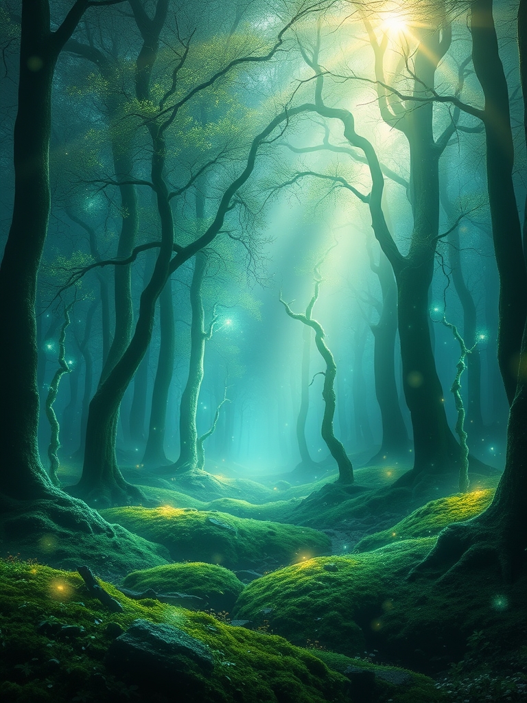یک جنگل اسرارآمیز با درختانی از جنس نور، که با سایه‌های سبز و آبی به نرمی می‌درخشند
12