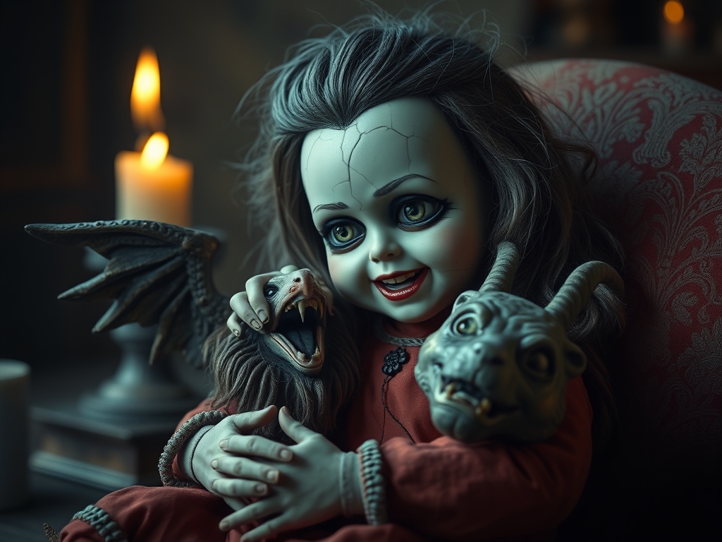 A sinister vintage doll cradling a Mesopotamian demon idol. The doll has a cracked porcelain face and sharp teeth. The idol has bird wings and a lion's head. Eerie candlelight, cinematic, 8k.1
