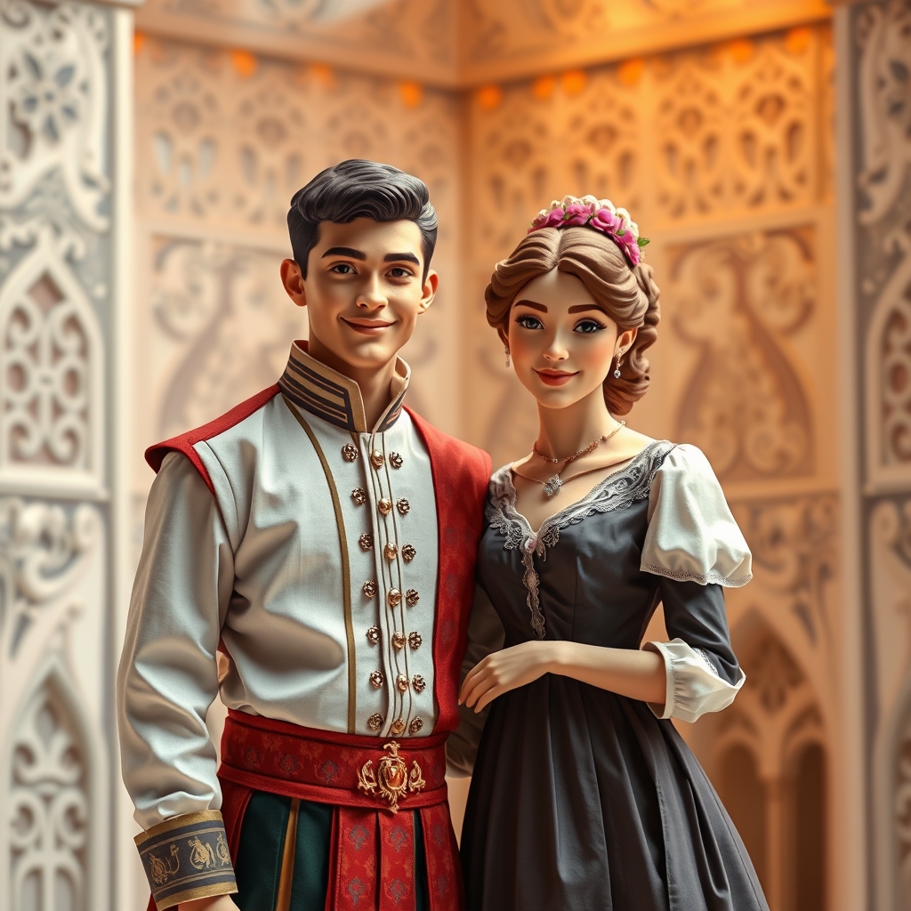 پسری جذاب و خوش چهره  که ولیهد اسپانیا ی با لباسهای قدیمی مال اسپانیا کا داره به دختر ی که  همسرشه که دختر ی فرانسه ای است که لباس های قدیمی کشور فرانسه پوشیده  15