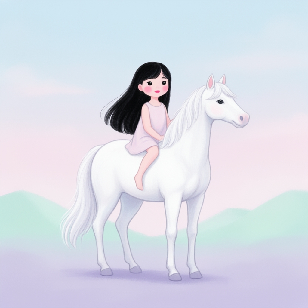 تصاویر سازی 
دختری که روی اسب سفید است 
دختره موی بلند مشکی لب صورتی گونه های صورتی داشته باشد 


همه جا رنگ پاستیلی داشته باشد 1