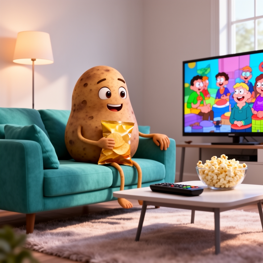 یک سیبزمینی که روی مبل نشسته و تلویزیون تماشا میکند و چیپس میخورد، مفهوم "Couch Potato"، سبک کارتونی سه بعدی.3