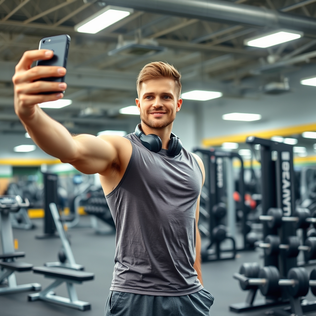 In the image, a man is taking a selfie in a gym, surrounded by various workout equipment. He is wearing a sleeveless shirt, shorts, and headphones around his neck, and is holding a smartphone in his hand.23