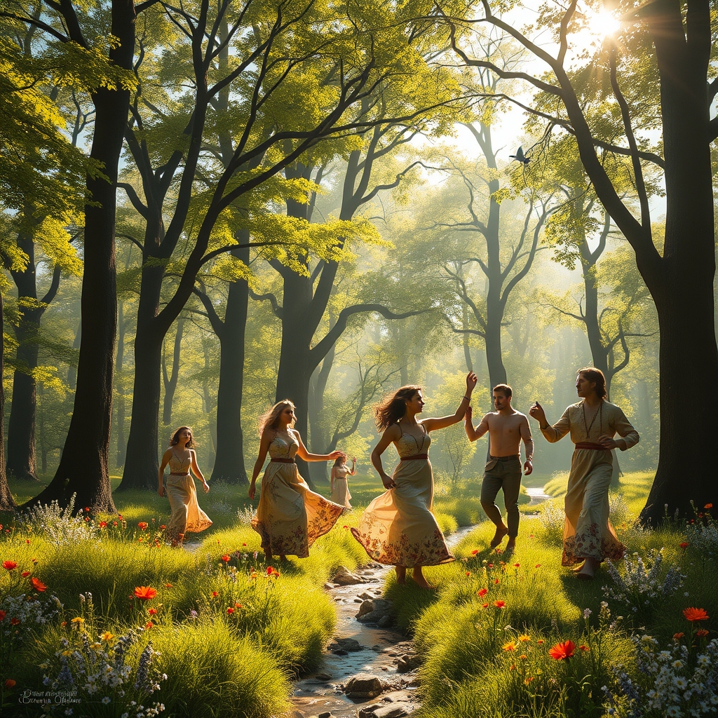 تصویری با این سناریو
محیط: یک جنگل سرسبز و پر از درختان بلند و انبوه، با نور خورشید که از میان برگها میتابد و سایههای زیبا بر روی زمین ایجاد میکند. دوربین باید به گونهای تنظیم شود که فضای جنگل را به خوبی نشان دهد.
شخصیتها: چندین شخصیت انسانی (مرد و زن) در حال رقصیدن (لباسهای آنها الهام گرفته از طبیعت)
عناصر طبیعی: وجود گلهای وحشی رنگارنگ، پروانهها و پرندگان، یک رودخانه کوچک.
احساسات باید روابط عمیق انسان با طبیعت را منتقل کند.18