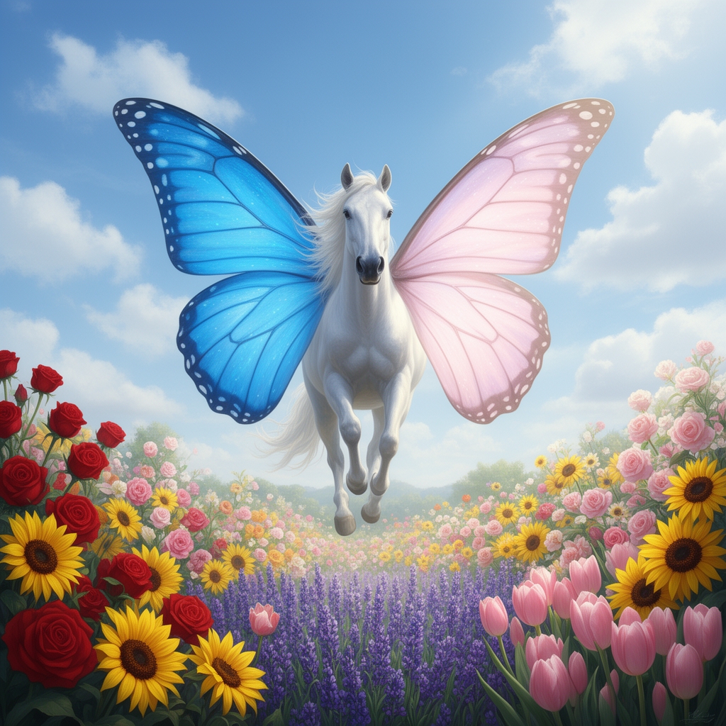 🐎با بال های 🦋 آبی یا صورتی در آسمان و پایین آسمان باغی پر از گل 4