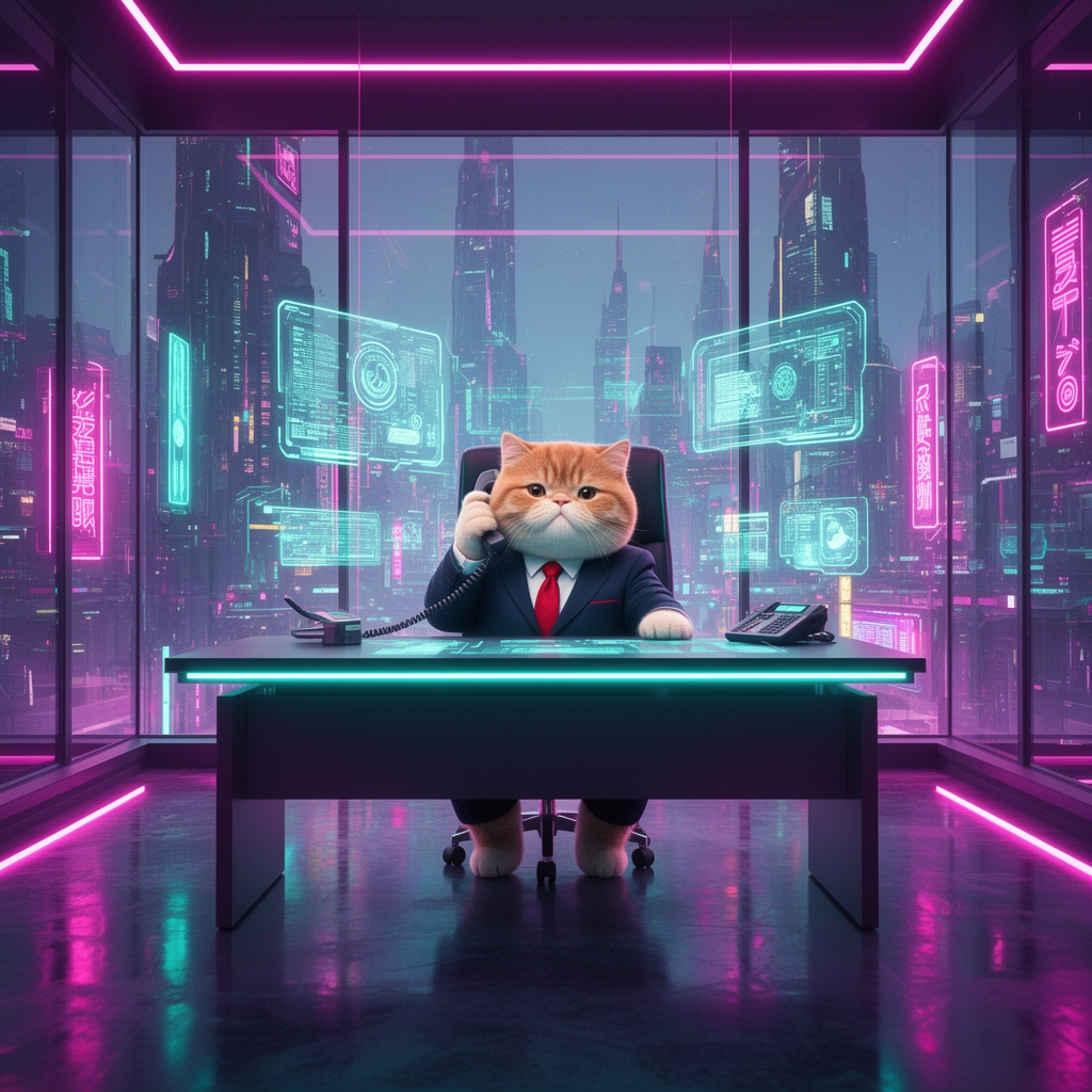گربه‌ای چاق و بامزه با کت و شلوار رسمی و کراوات که پشت میز مدیریت نشسته و با تلفن صحبت می‌کند، دفتر کار شیشه‌ای در آسمان‌خراش.16