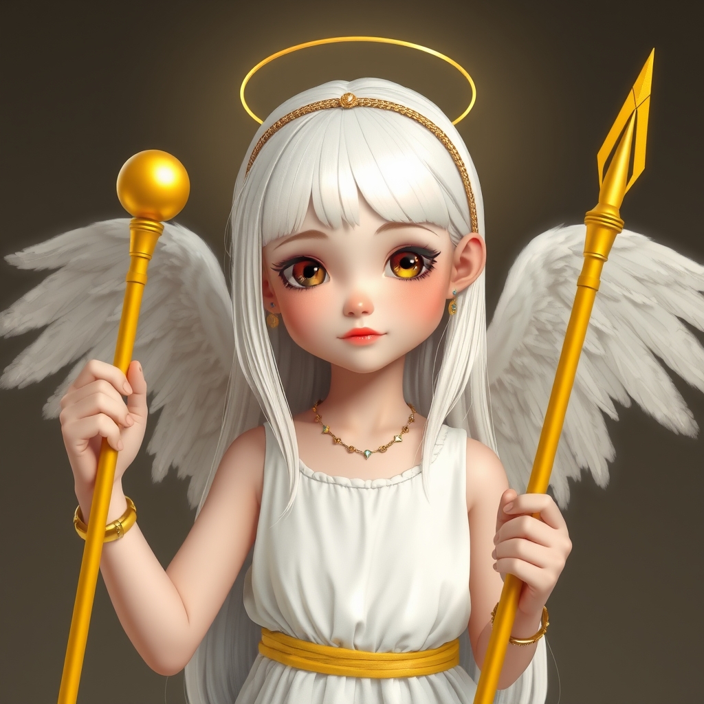دختر ۳۰ ساله ی فرشته زیبا با موهای سفید اتو کشیده با لباس سفید که از کمرش یک کمر بند کمی باریک زرد پوشیده پوست او سفید لب هایی به رنگ قرمز دارند گونه های هلویی دارد چشمانی به رنگ عسلی دارد دستان اش دستبند و انگشتر در گوشش گوشواره در گردن اش گردنبند است او در دستش یک عصای بلند زرد است که بالا سر آن یک توپ ساده و براق طلایی است در سر خودش یک تاج نازک و زیبا است3