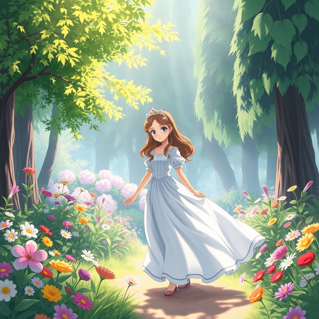 پرنسس در باغ جادوی پرنسسی که در یک باغ پر از گلهای رنگارنگ و درختان بلند و سبز قدم میزند نور ملایم خورشید از میان برگ ها عبور میکند و جلوه ای خاص به او میبخشد 17