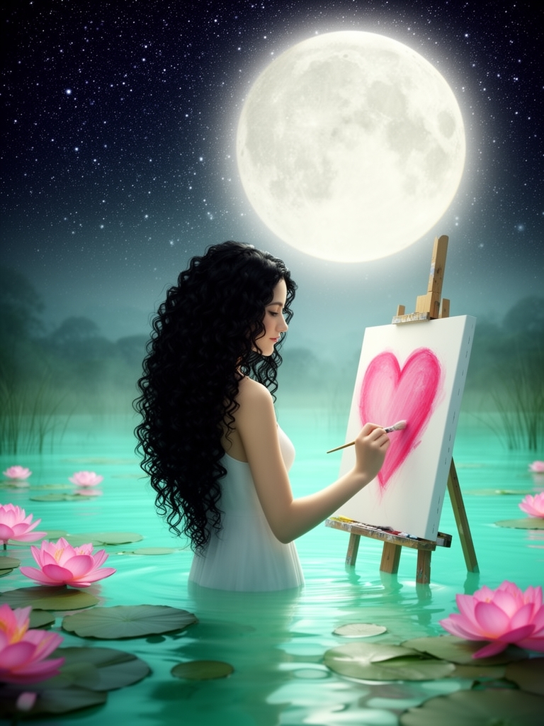 دختری زیبایی به موهای فر مشکی که بسیار بلند است  لب مرداب فیروزه ای که رویش گل نیلوفر صورتی و ماه درشت فید در اسمان شب پر ستاره است دارد نقاشی عشقش را میکشد 0