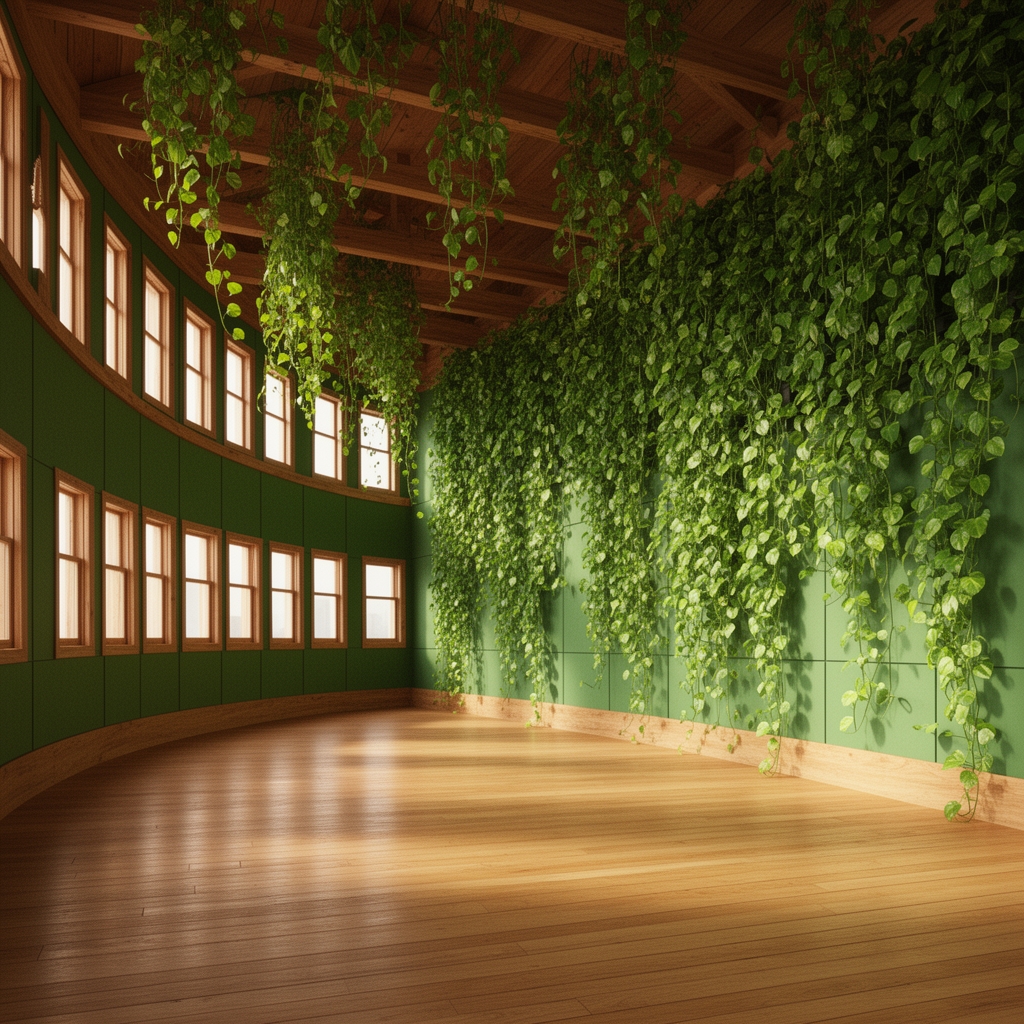 یک سالن بزرگ از جنس چوب با پنجره های کوچک زیاد تمام دیوار ها از جنس گرین وال با گیاه پتوس وگیاهان پتوس آویزان از سقف 0
