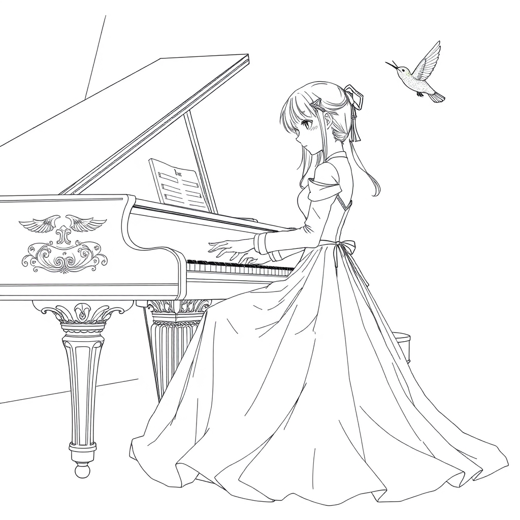 نقاشی سخت یک دختر انیمه ای که دارد پیانو می زند با لباس پرنسسی که یک پرنده هن پیش او است به سبک هنر خطی6