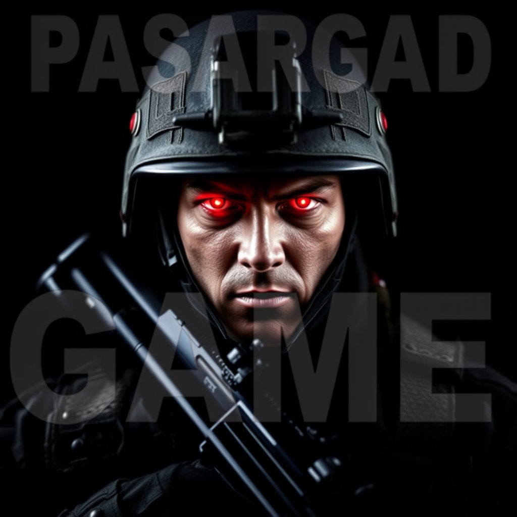 یک عکس که پشت آن یک سرباز با تفنگ است، چشم آن سرباز قرمز است و روی ان نوش  است 𝑷𝑨𝑺𝑨𝑹𝑮𝑨𝑫 𝑮𝑨𝑴𝑬 و چهره سرباز به سمت دوربین است و پس زمینه ان سیاه باشد3