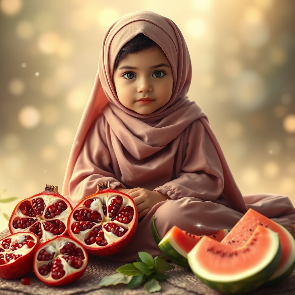 یک دختر کوچولو که در کنارش انار و هندوانه باز شده و تمیز چیده شده و دختر کوچولو ناز روسری بر سر دارد12