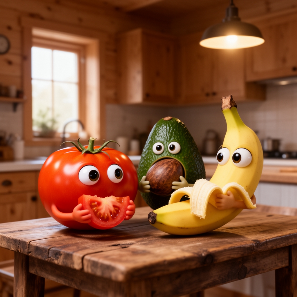 عکس یک گوجه که داره با چشمای درشت به دوربین نگاه میکند و کنار میز ایستاده و دارد گوجه خورد می کند و یک موز هم به دوربین نگاه میکند با چشم ها درشت و دارد موز میخورد که در یک خانه چوبی زندگی میکنند و در اشپز خانه اند و یک اواکادو که هسته اواکادو در دست دارد انجا هستند و اواکادو دارد به هسته نگاه میکند
1
