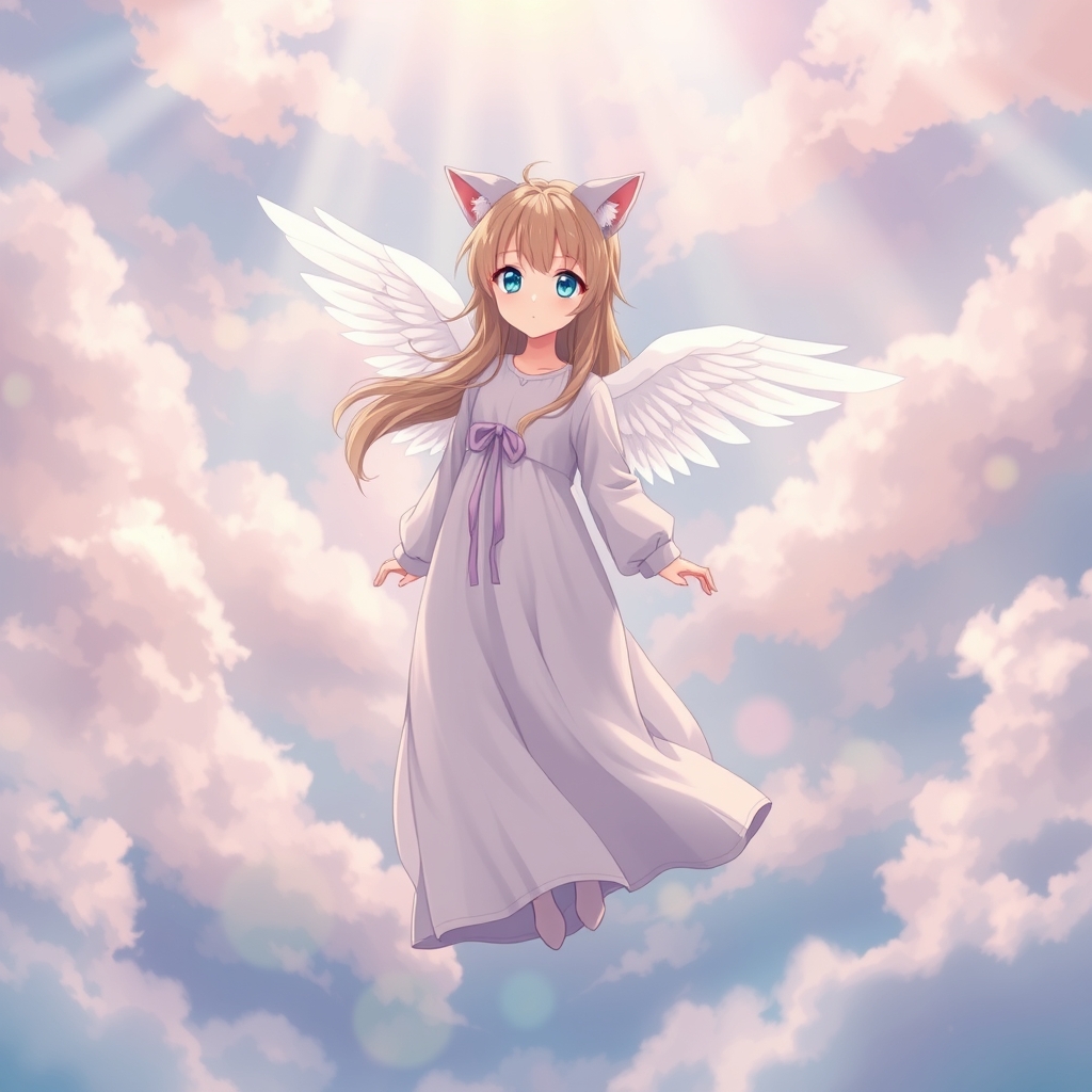 یک دختر که با بال های درخشان سفید و گوش های گربه و چشمان آبی زیبا و موهای بسیار بلند قهوه‌ای روشن با لباسی بنفش آبی صورتی کاملا ملایم و پاستلی در آسمان میان ابر های صورتی و آبی و بنفش خيلی کم رنگ که پرتو های خورشید از میان ابر ها بر او میدرخشد 21