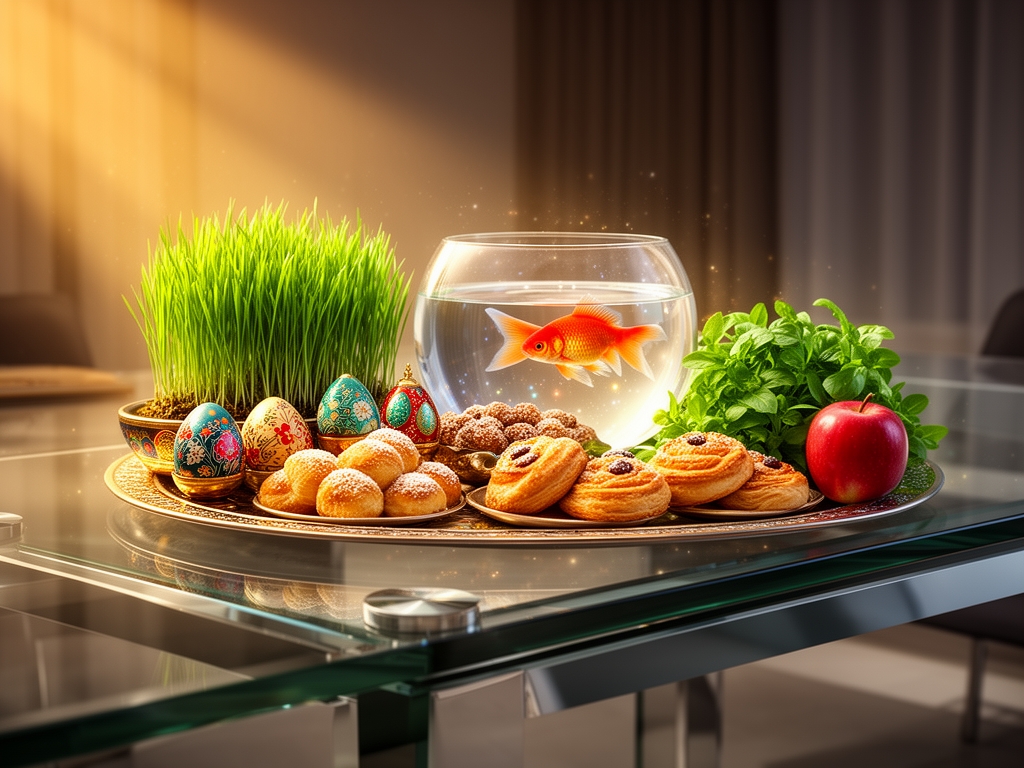 سفره هفت سین ایرانی مدرن روی میز شیشه‌ای، تنگ ماهی و سبزه و سیب، نورپردازی سینمایی و گرم، نمای لوکس و امروزی.0