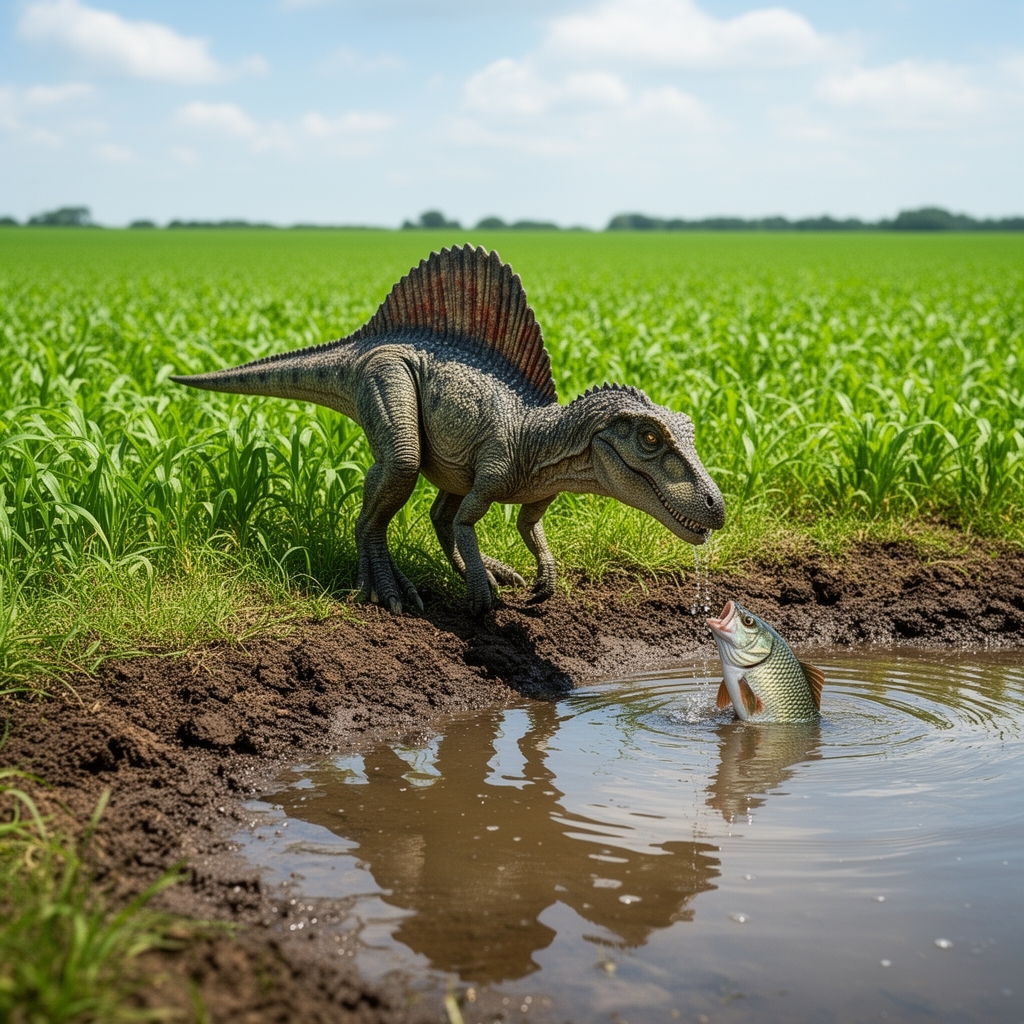 یک اسپاینوسورس کوچک در یک زمین کشاورزی لبه زمین در حال گرفتن ماهی است 0