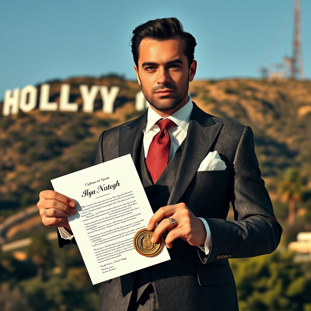 یک فرد زیبا و مرد کت شلوار طرح پیچیده یک امضای خاص  بااسم ایلیا ناطق دارد روی نوشته هالیوود در کالیفرنیا 
یکی آن ورقه ای او امضا می‌کند گرفته وزانپ زده روی کاغذ زده فروش تمامی املاک کشور آمریکا به زبان انگلیسی 1