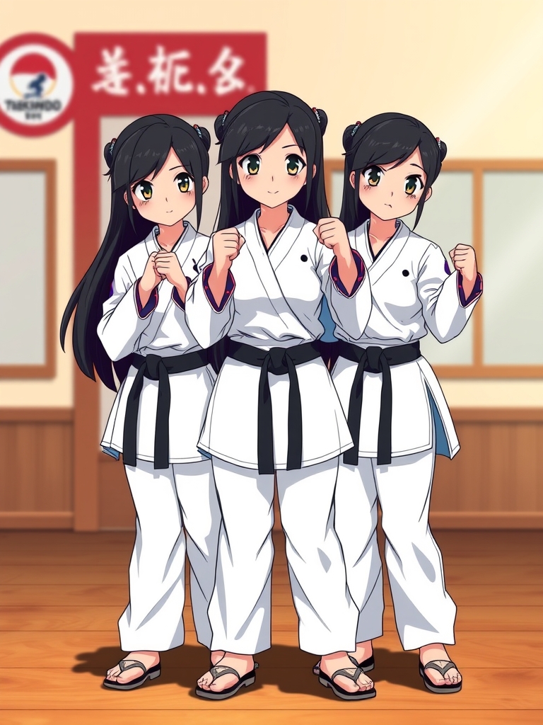 سه قلوهای تکواندوکار،سه قلوها،تکواندو،پومسه،هانمادانگ،کیوروگی زهرا،فاطمه،زینب سه خواهر سه قلو و شبیه هم هستند که تکواندوکار هستند و هر سه تاشون پیراهن سفید تکواندو دارند و هر سه تاشون شلوار آبی پوشیده است و کمربند مشکی دارد و موهای خیلی بلند و مشکی دارد و دستانشان را مشت کرده اند و گارد گرفته اند و پشت سر آنها باشگاه تکواندو است17