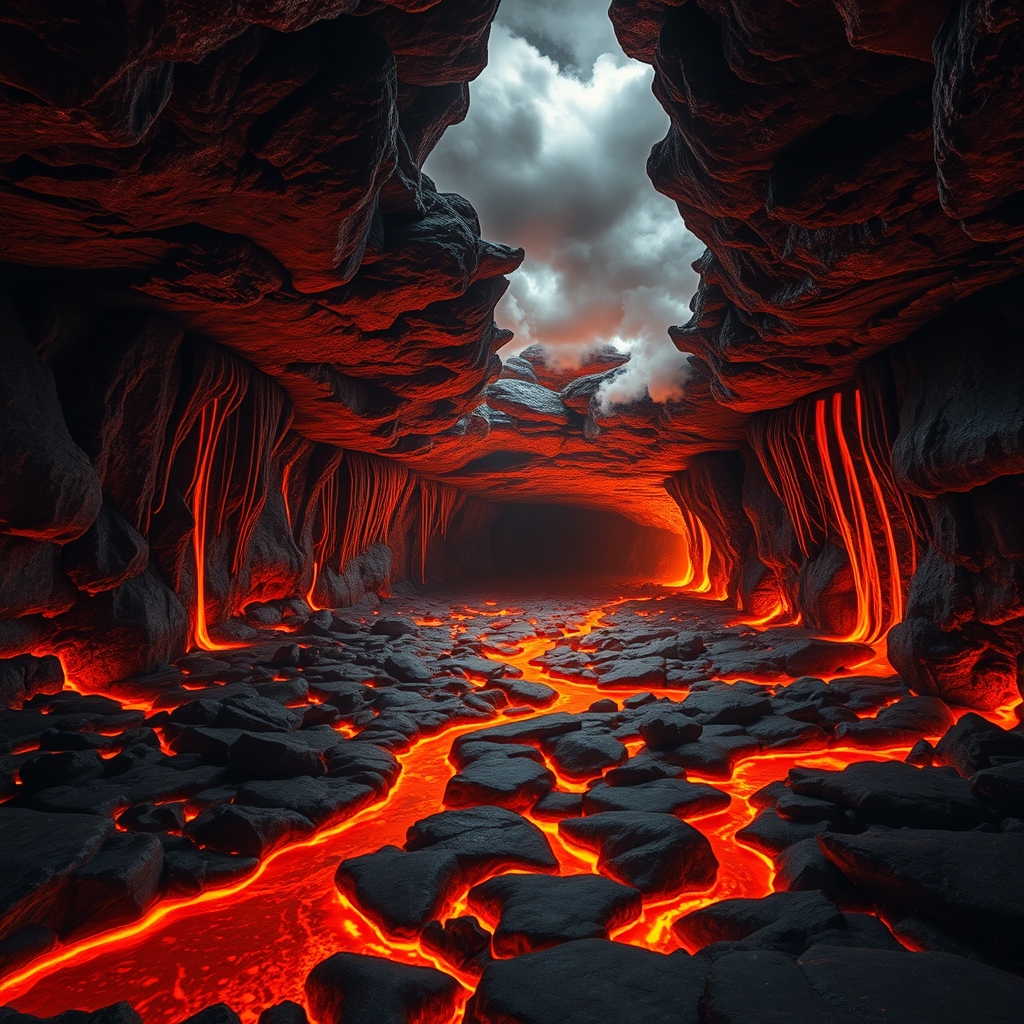 غاری که مواد مذاب از دیوار هایش میریزد و بین سنگفرش ها رود های مذاب جاریست وسقف غار کمی مه آلود است واقع گرایانه 16