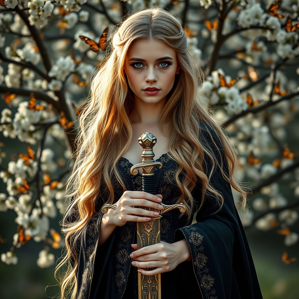 زیباترین زن جوان در جهان حتی در رویایی که با چشمانی آبی رنگ همانند دریا و با موهای بلند طلایی رنگ همچون طلا
که با لباس پوفی سلطنتی سیاه باشد که شمشیر باشکوه و براق در دستانش باشد که پشت سرش
درخت پر از شکوفه باشد که پروانه ها در حال پرواز باشند4