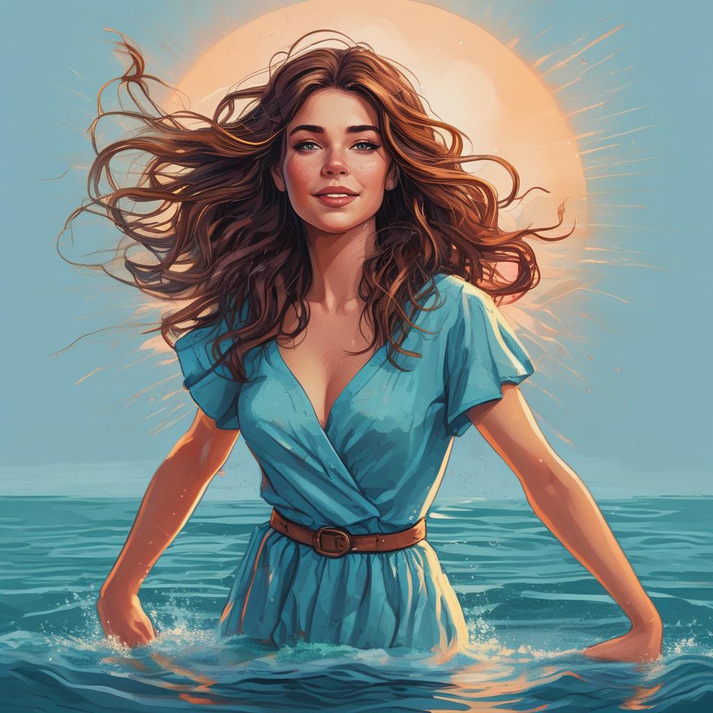 دختر زیبا با مو های قهوه ای و چشمان درشت قهوه ای با لباس آبی آسمانی بر روی آب درحال رقصیدن و آواز خواندن و جهانی که به صدای دختر گوش میدهند و به رقص دختر نگاه میکنند22