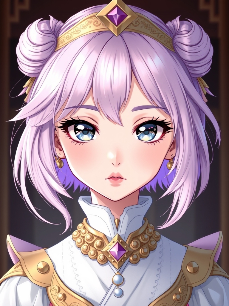 یه دختر بسیاررررر زیبا با موهایی که نصفش صورتیه پاستیلی هست نصفش بنفش پاستیلی رنگ چشماش نقره ای و طوسیه،بینی کوچیک مژه های پرپشت و چشمان درشت و کشیده،لباسی بسیار زیبا برگرفته از لباس ملکه های باستان به رنگ سفید و طلایی و بنفش پاستیلی9