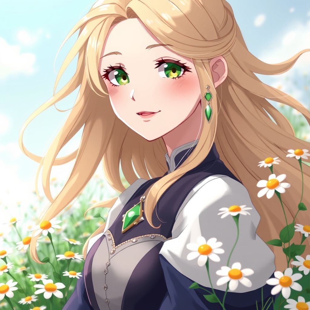 یه پرنسس ۱۹ ساله با مو های طلایی و کرمی ، پوست سفید و چشم های سبز رنگ که پیراهنش و گوشواره هایش سبز و نقره ای هستند و اطرافش پر از گل بابونه است 13