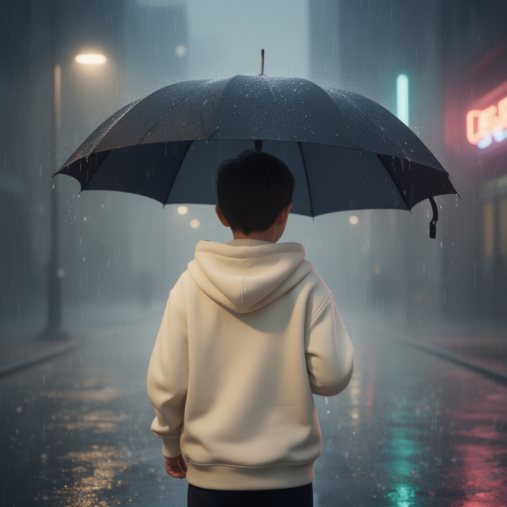 تصوی از پشت سر یک پسر با هودی کرمی رنگ و چتر زیر باران
1