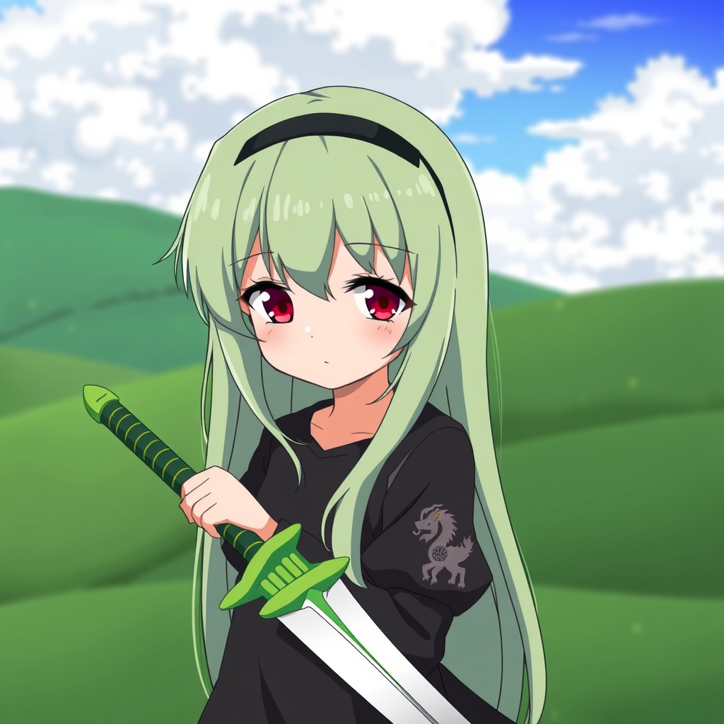 یک دختر با موهای بلند که جلو یا موهاش سبز روشن و ته موهاش  سبز تیره است یک تل ساده ی سیاه زده  و موهاش به صورت پرده ای ریخته جلوش چشمانی به رنگ یاقوت یشمی دارد یک لباس زرم دخترونه ی سیاه که رو ی آستین هایش طرح اژدها ی بز را دارد پوشیده و شمشیر که دسته اش سبز است را در دست دارد 
آسمان نیمه ابری است و در فضای سبز است 2