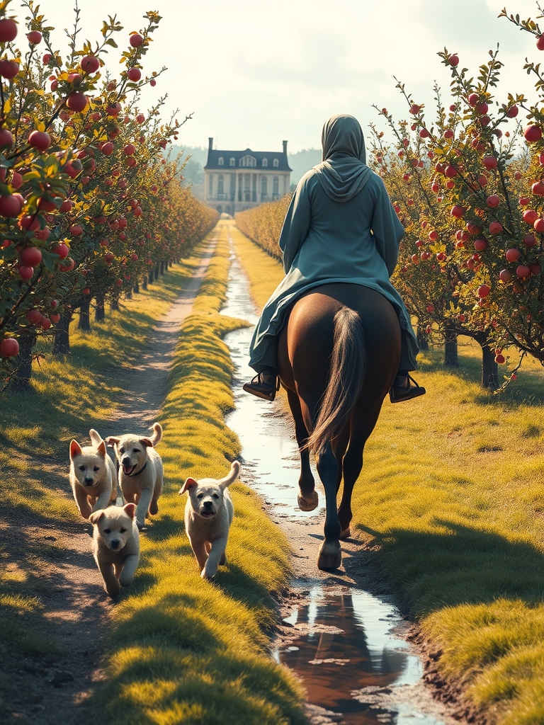 منو عشقم درباغ سیب سوار بر اسب و همراه با توله سگها بسمت ویلا میریم واز کنار چشمه میگذریم1