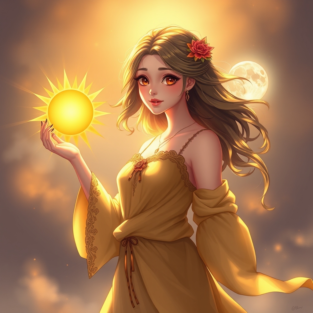 دختری زیبا که در یک دستش خورشید و در دست دیگرش ماه را دارد و این دوبر روی لباس و موهایش تاثیر دارند22