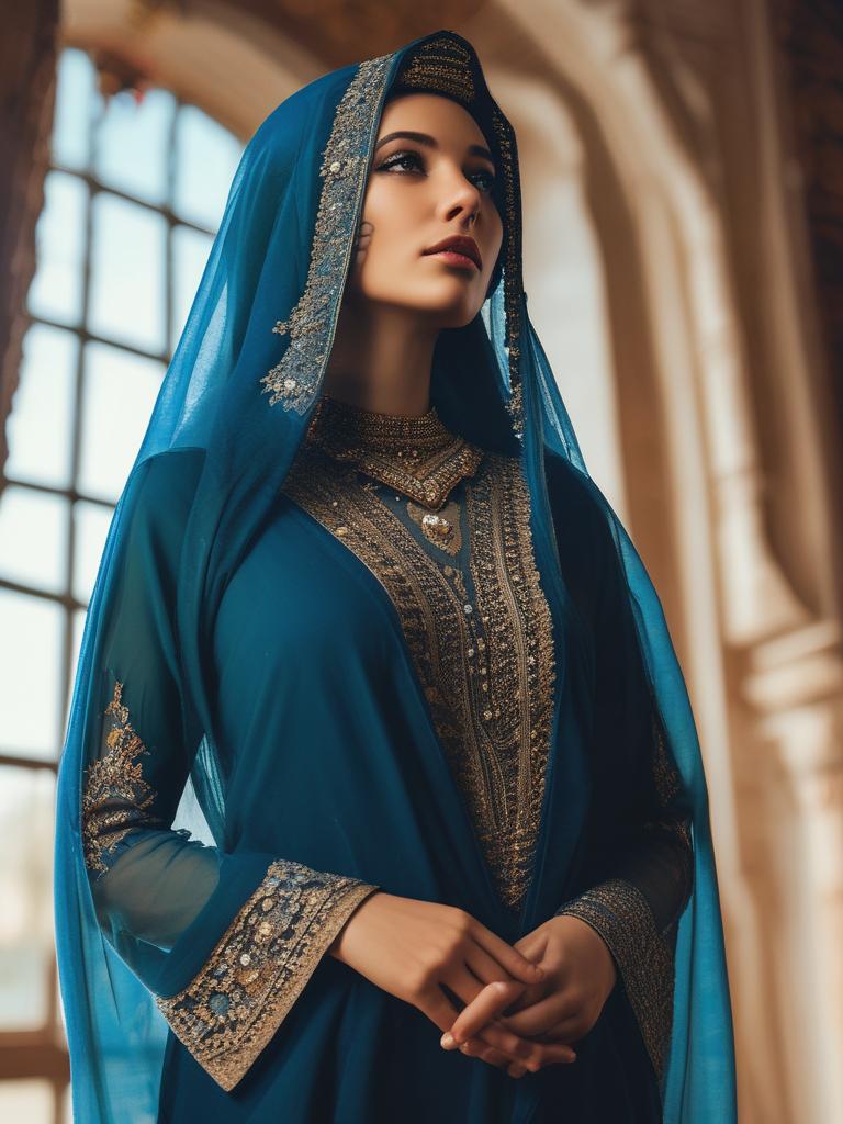 بانوی اصیل ایرانی با لباس آبی و روبند حریر بر صورت در حال نگاه کردن به آسمان در قصر20