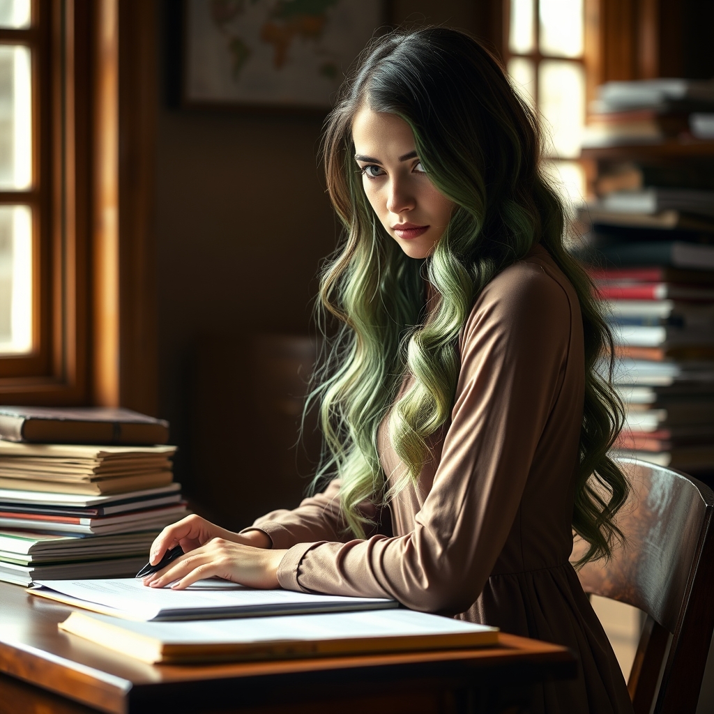 یه عکس از یه دختر خوشگل مو های مواجی که پایینش سبزه و داره سخت تلاش میکنه و درس می خونه 6