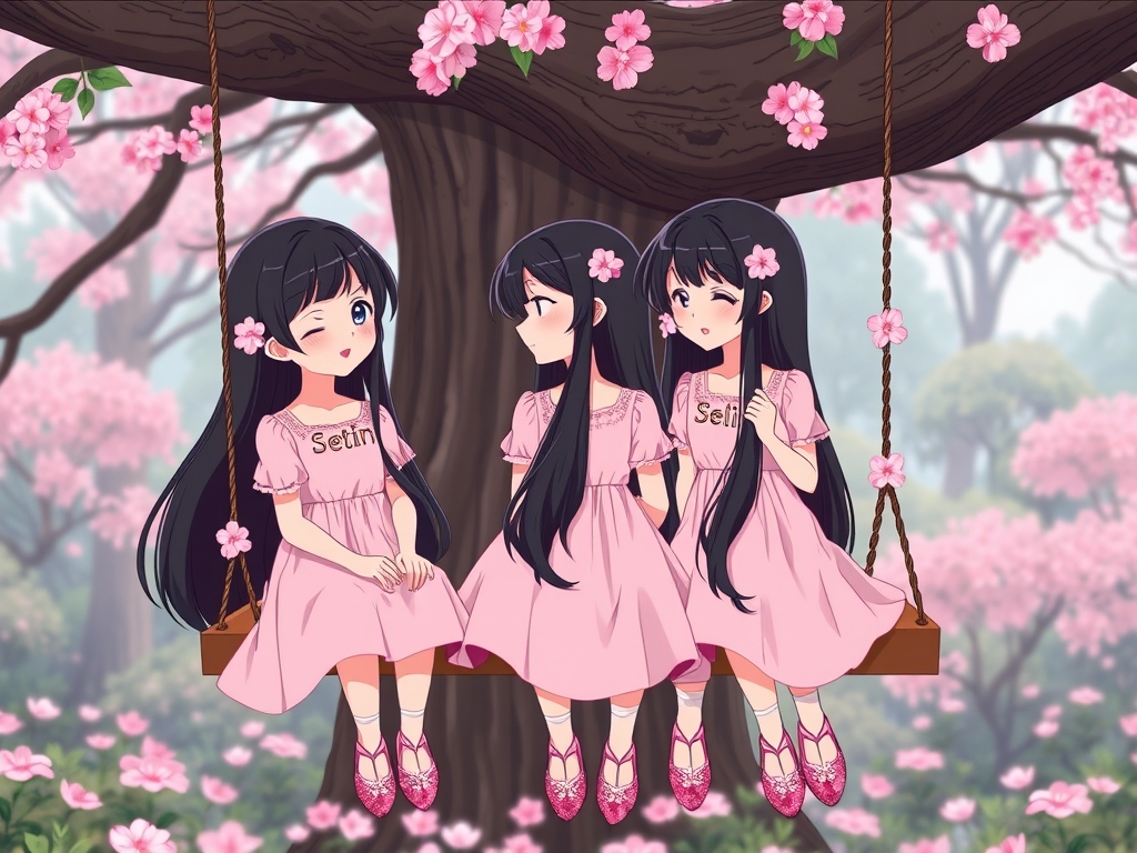 ستین و سوین و سلین سه خواهر سه قلو هستند و مو های خیلی بلند و مشکی دارند و لباس هر سه تاشون صورتی و دامن دار مانند پرنسس ها است و بر روی یک تاب نشسته اند و بالای سر آنها یه درخت است که تاب به آن بسته شده است و کفش های صورتی و براق مانند پرنسس ها دارند و زیر پا های آنها گل های زیبا است و پشت سر آنها جنگلی پر از گل است و روی موهای آنها شکوفه های صورتی است و لبخندی ملایم و لب سرخ دارند و به هم نگاه می کنند و می خندند و روی لباس یکیشون setin است و یکیشون sevin و یکیشون selin نوشته شده17