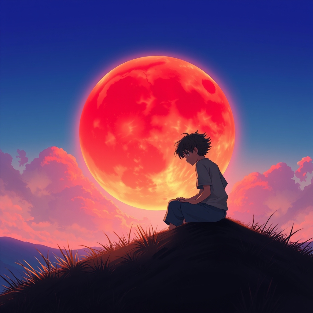 پسری کی بالای که نشسته و ماه قرمز خیلی بزرگ پشت سر آن است.21