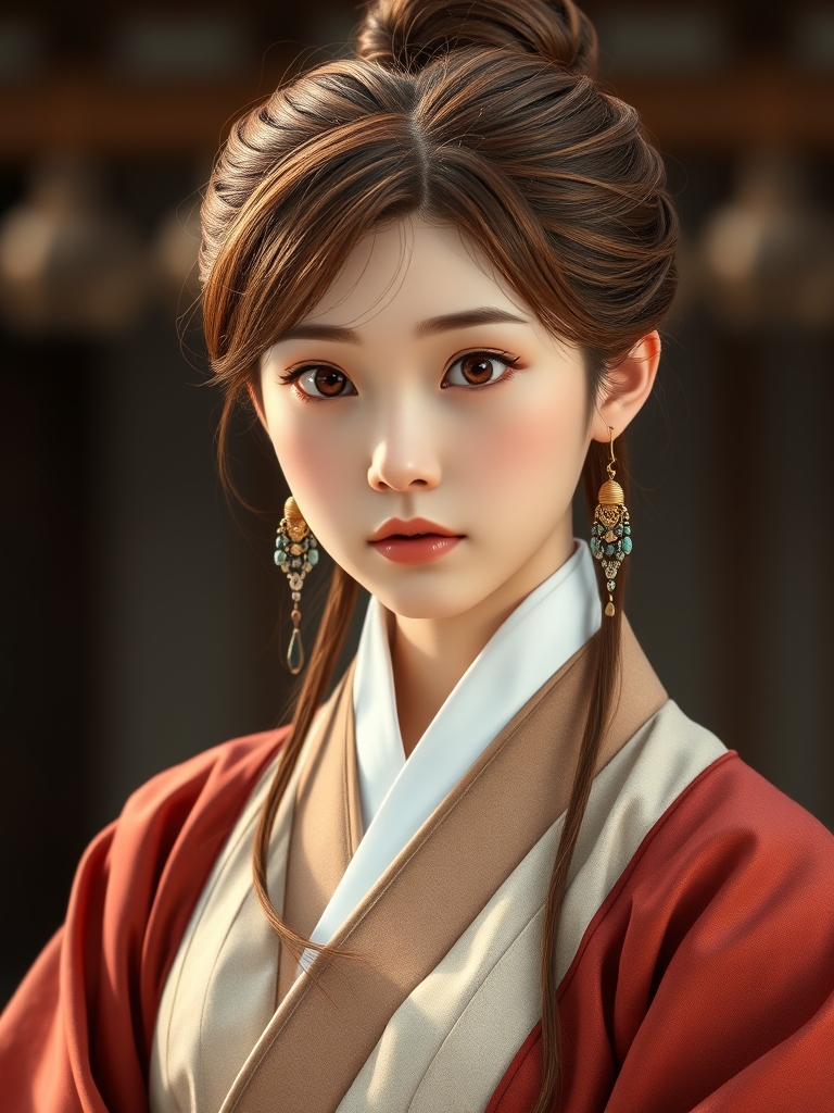 دختری کره ای باموهای خرمایی وگوشواره های بلند و چشمانی قهوه ای ولباسی برای دوره چوسان 



21