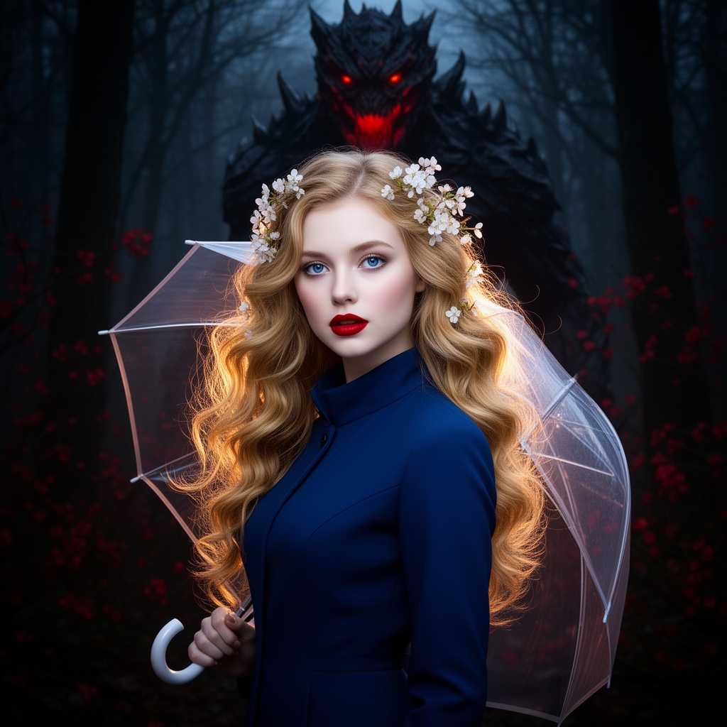 زیباترین زن جوان در جهان حتی در رویایی که شکوه خدا را داشته باشد که نظیر آن در دنیا نباشد و همه به او از شدت زیبایی به او سجده کند که با موهای طلایی حالتدار بلند و با چشمان آبی کریستالی و با لبانی سرخ به رنگ یاقوت و با پوستی سفید به رنگ برف که با ژاکت آبی رنگ زیبایی باشد که لای موهایش شکوفه زیبایی باشد چتر شیشهای زیبایی در دستانش باشد و پشت سرش جنگلی تاریک و اسرارآمیز باشد با شکوفایی سرخ و پشت سرش هیولای ترسناکی باشد با چشمانی سرخ و سیاه و با قامتی بلند2