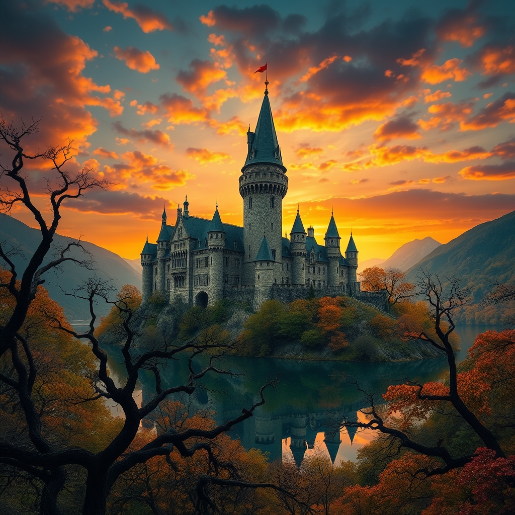 یک قلعه بزرگ وزیبا که جلوی آن یک دریاچه و جنگل زیبا است هوا در حال غروب خورشید 
2