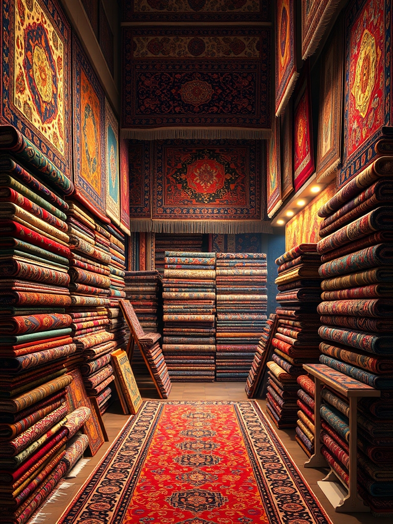 یک فروشگاه قالی ایرانی پر از طرح‌ها و نقش‌های زنده و سنتی.21