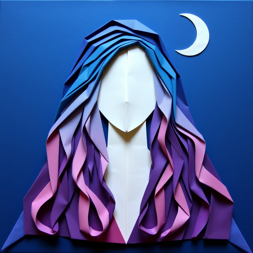 The image depicts a person with long, wavy hair styled with a gradient color scheme of blue and purple. The background features a crescent moon, creating a serene and somewhat mystical atmosphere. The image depicts a person with long, wavy hair styled with a gradient color scheme of blue and purple. The background features a crescent moon, creating a serene and somewhat mystical atmosphere.4