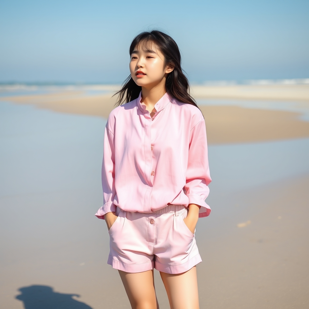 دختری نوجوان  کره ای در ساحل  با شلوارک و پیراهن صورتی 
 در حال آه کشیدن اینطوری آههههه 15