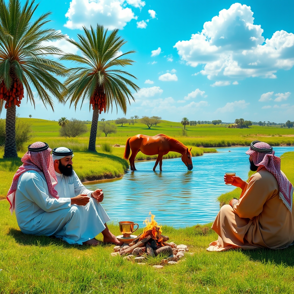 دو نفر عربستانی با دشداشه عربی و چفیه قرمز نشستن و اتش جلوشون روشن و درحال درست کردن قهوه ویکی درحال چای خوردن در چمن زار سرسبز ک درختان نخل و خرما کنار درختان رودخانه بزرگ پراز اب صاف و یک اسب قرمز اصیل عرب درحال خوردن اب از رودخانه و اسمون ابی روشن صاف پراز ابرهای سفید6