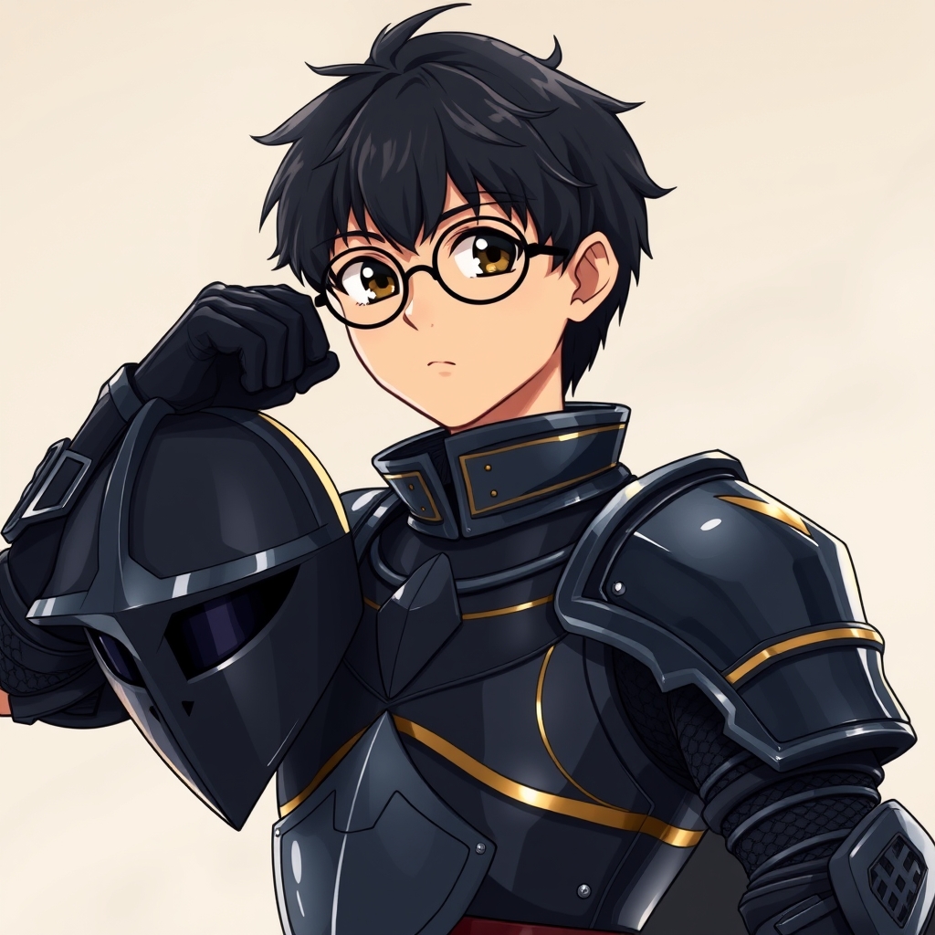 یک شوالیه ی پسر که ۱۳٫۱۴ سالش باشه زره سیاه با خط های طلایی زرهش از سر تا پایش باشه محافظ زره  سرش رو به دستش گرفته و چشمای سیاهیی داره باقر هیکلی نباشه قدش  متوسط موهای سیاه پوست گندومی با یک عینک گرد که قابش  سیاه است14