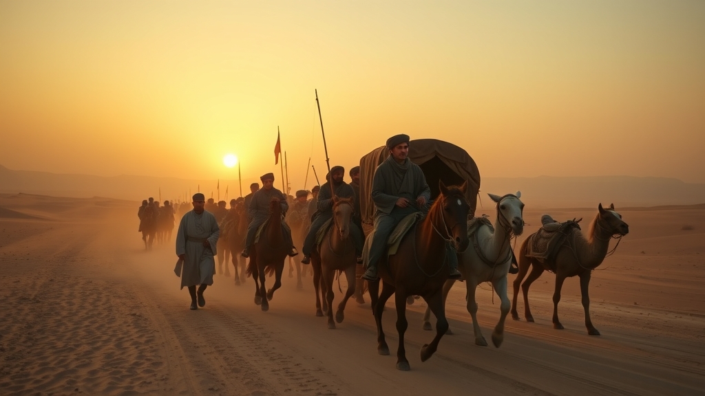 خروج کاروان امام حسین (ع) با اهل بیت و یاران با اسب و شتر و کجاوه کودکان از مدینه به سمت مکه3